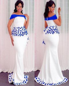 White Off Shoulder Prom Dresses With Blue Appliques Sexy Mermaid Long Prom Dress Formal Evening Gowns Custom Made Plus Size Cockta7266698