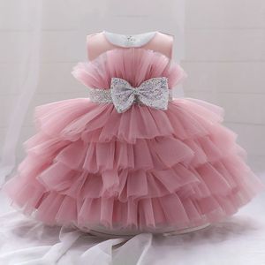 Småbarn fluffiga rosa bröllopsfestklänningar för baby 2-8 år paljett båge tulle dop födelsedag prinsessan klädsel sommarklänningar 240407