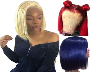 613 loira 13x6 renda frontal peruca azul cor Remy vermelho humano pontas cheias de fechamento frontal transparente renda suíça curta bob wigs8063954