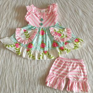 Shorts Wholesale Baby Girl Flower Clothing Children Summer Pocket Top Toddler Pink Ruffle Stripe Shorts Kids Floral Outfit Fashion Set