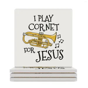 Tapetes de mesa Eu jogo corneta para Jesus Church Brass Músico de montanhas -russas (quadradas) Drinks de azulejo
