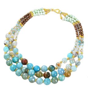 GuaiGuai Jewelry Natural 3 Strands Blue Agates Brown Pearl Necklace 18quot Multi Strands Handmade For Women Real Gems Stone Lady3718029