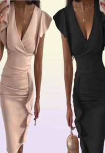 Casual Dresses FUFUCAILLM Office Lady Bodycon Dress Summer Women Vneck Ruched Pencil Ruffles Short Sleeve Wrap Party Wedding Forma5105114