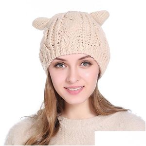 Beanie/Skull Caps Cute Cat Ear Winter Beanies For Women Casual Warm Soft Wool Blends Skl Knitted Gorro Ladies Sweet Berets Ski Hat Dro Dhjwz