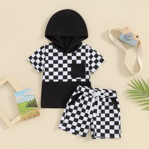 Småbarn Baby Boy Summer Outfit Checked Hooded Short Sleeve T-shirts Tops and Shorts 2st Summer Clothes Set