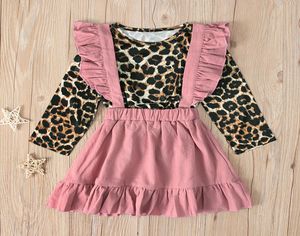 Newborn Baby Girls Kid Ruffles Fly Sleeve Leopard Print Tops And Pink Overall Two Pieces Sets 2020 Spring Autumn Clothes Set 26T1678839