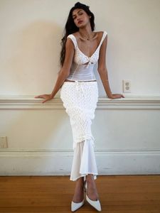 Fantoye sexig se genom spets kvinnor kjol kostym vit spaghetti rem gröda topp lång hösten smal casual två styck uppsättningar 2023 240401