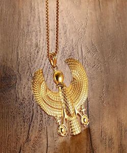 ZORCVENS Men Necklaces Egyptian Horus Bird Falcon Holding Ankh Pendant Gold Color Steel Fashion Hip hop Costume Jewelry G0913226P4258891