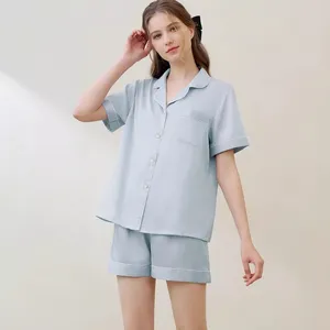 Hemkläder 2024 Summer Ladies Sweet Satin Silk Elegant Solid Colors Pyjamas Set Short Sleeve Pants Women Ice Blue Homewear Casual Wear