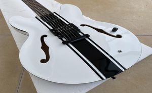 White ES 333 Tom Delonge Semi Hollow Bodyジャズエレクトリックギターシングルピックアップ1つのノブブラックバインディングダブルFホールドットインレイ3852368