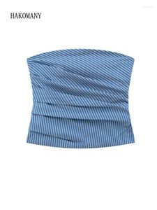 Kvinntankar 2024 Kvinnor Camis Sexig blå randig tryck veckad Ruched Strapless Corset Camisole Tank Top Rygglös snedkrage beskuren