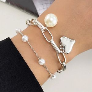 Pulseiras de link 2024 Moda Love Heart Pingente Bracelet Set for Women Girls Girls Korean Trendy Pearl Chain Jewelry Gifts