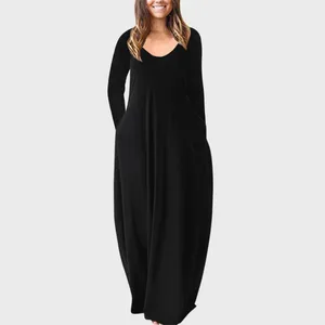 Casual Dresses Autumn Women Loose Solid Color Maxi Dress Fashion Oversized Long Sleeve Floor-Length Plus Size Black