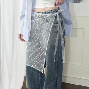 تنورة شاش الدانتيل في مدونات INS مع ربط فتاة حار مكدسة y2k streetwear apron wrap مطابقة السراويل 240403