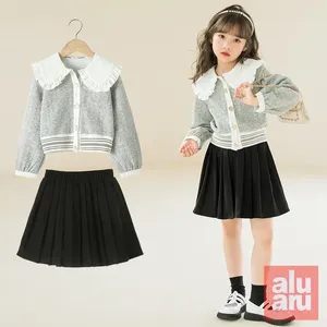 Clothing Sets Girls Two Piece Set 2024 Spring Autumn Thin Korean Fashionable Doll Neck Coat Pleated Dress Celebrity Fan Princess