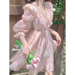 Huang2024 Лето Французская первая любимая маленькая ароматная ветер уникальный принцесса для похудения Ruffle Edge Розовое шифоновое платье женщина