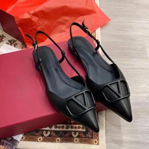 Brand Flat Sandals Women's Flat Shoes Pointed Toe Shoes Classic Metal V Buckle Nude Black and Red Matte Flat Women's Wedding Shoes 35-44