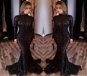 2017 Michael Costello Long Sleeve Prom Dresses Bling Bling Black Sequins High Neck Mermaid Sexy Celebrity Gowns Pageant Evening Dr9542579