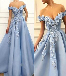 Spring Chic Blue Prom Dresses Lace 3D Floral Applique Party Dress A Line Off the Shoulder Custom Made Formal Gowns5012196