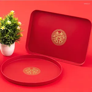 Çay Tepsileri Çin Kırmızı Plastik Dikdörtgen Yuvarlak Tost Tepsisi El Düğün Partisi Gıda Şenliği Tören Dekorasyon