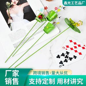 Dekorativa blommor Blommor Arrangemang Metall Pot Decoration Hink Kettle Potted Succulent Plant Card Craft Fork