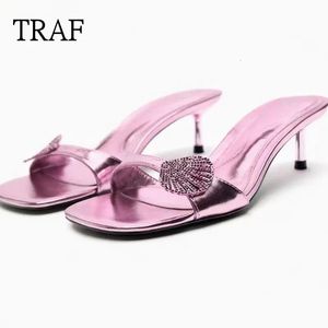 Traf Pembe Kadın Sandalet Rhinestone Square Baş Kedi Topuk Sandalları Yaz Zarif Kadın Heal Ayakkabıları Stiletto Lady Terlik 240329