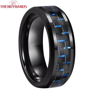 8mm svart volframring för män Kvinnor avfasade kanter Blue Carbon Fiber Inlay Polished Finish Comfort Fit 240401