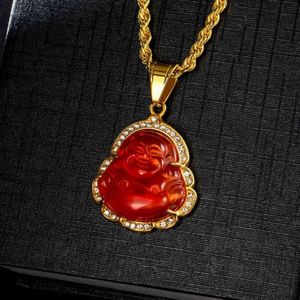 Yuyinggems Moissanite Iced Greed/Красная нефрита кулона Будды с 14 -каратным золотым ожерельем