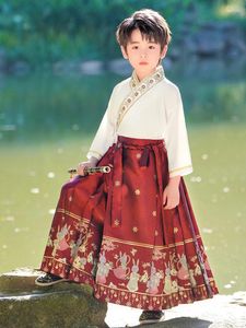 Stage Use Horse Face Salia Infantil Primavera e Autumn estilo meninos Hanfu jovem mestre chinês Tang An