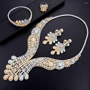 Halsbandörhängen Set Godki 4st Big Fashion Luxury Flower African Jewelry for Women Wedding Party Cubic Zirconia Dubai Bridal 2024