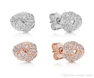 18k Rose Gold Sparkling Love Knots Brincos Original Caixa para 925 Meninas de prata esterlina Earring Set5651878