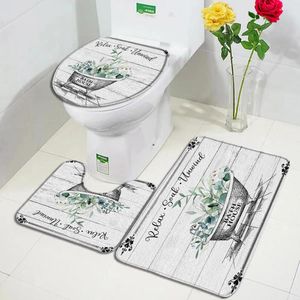 Bath Mats Floral Plant Mat Set Vintage Grey Wood Plank Flowers Modern Creative Bathroom Decor Carpet Non-slip Rugs Toilet Lid Cover