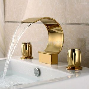 Bathroom Sink Faucets Vidric Factory Direct Luxurious Widespread 3 Hole Waterfall Basin Faucet Gold Finish Mixer Tap