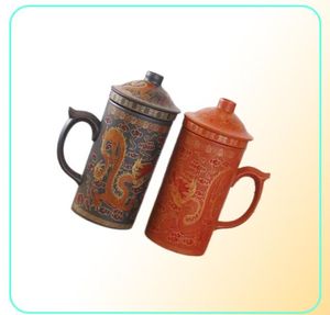Traditional Chinese Dragon Purple Clay Mug with Lid Strainer Retro Handmade Yixing Cup Zisha cup Gift Mug Tumbler 210828232619