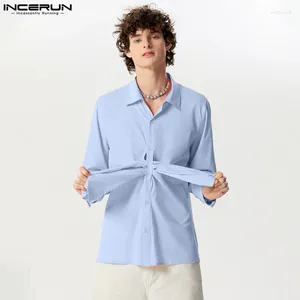 Camicie casual maschile top incerun 2024 American Handsome Men Design Tie Knot Design Fashion Solid All-Match Long Lapel Blouse S-5XL