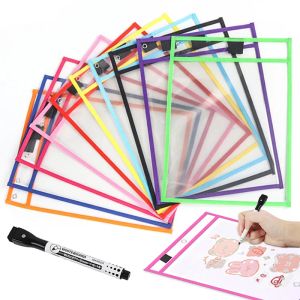 Folders 6pcs Reusable File Dry Erasable Pockets With Pen Kids Transparent Diy Pockets A4 Letter Hanging Pet File Used Teaching Supplies