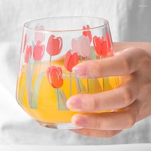 Wine Glasses South Korea Ins 400ml Hand-Painted Tulips Glass Multi-Purpose Whiskey Vodka Cup Iced Coffee Cocktail Drinkware Tumbler