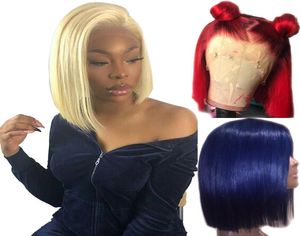 613 loira 13x6 renda frontal peruca azul cor Remy vermelho humano pontas cheias de fechamento frontal transparente renda suíça curta bob wigs7188200