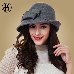 FS Eleganckie Bowknot Ladies Wool Feil Bowler Black Red Fedora Hats for Women Razer Vintage Vintage Foppy Winter Church Cloche Hats 240412