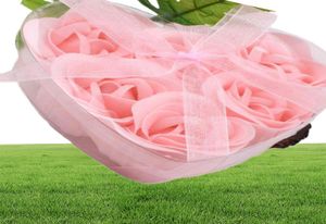 12 lådor 6st rosa dekorativa rosen knopp kretblad tvål blommor bröllop favor i hjärtformad box4601522