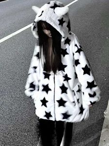 Mens hoodies houzhou y2k överdimensionerade fluffiga ko hoodies lammar ner mjölk koreansk mode kpop streetwear zip up hooded tröja kvinnor 2023 hösten 240412