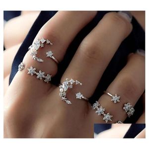 Bandringar 5st /Lot Boho Style Ring Set for Women Wedding Zircon Crystal Flower Shaped Moon Star Finger Party Gifts Vintage Sier Je Dhdg0