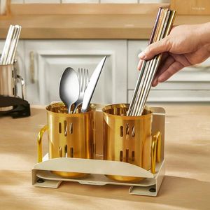 Kitchen Storage Golden Utensils Holder With Drainer Tray Stainless Steel Cutlery Silverware Buckets Wall Mounted Organizer Rack