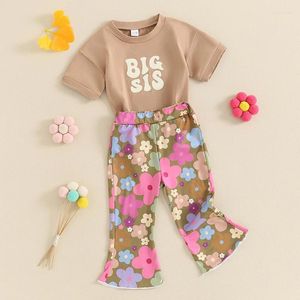 Kläduppsättningar småbarn Big syster outfit baby flicka sommarkläder sis t shirt topp boho blommor klocka bottnar biljettbyxor set 2 st