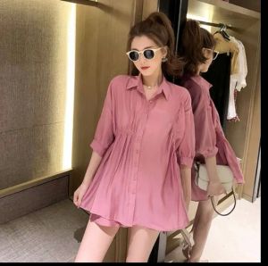 Shorts Maternity Summer Clothing Sust Color Turndown Collar Chirt+Belly Shorts Twinset Sliose Donna incinta set casual