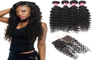 Malaysiska Deep Wave 4 -buntar med stängning hela 8A -klass Virgin Human Hair Extensions Middlethree Part Bleached K7102499