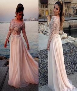 Oscar Elie Saab Sexy Long Sleeve Prom Dresses Sheer Beads Lace Appliques Chiffon Cheap Long Sleeve Evening Gowns 2014 Prom Dress6637468