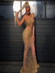 Sexy Gold Illusion Evening Dresses One Shoulder Single Long Sleeves Crystal Beaded Sheath Plus Size Prom Dresses Floor Length Zipp2204446