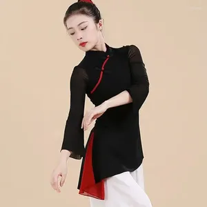 Etniska kläder Cheongsam Womens Plus Size Tops 2024 Spring Fashion Mesh Fabric Oregelbunden skarvning ihålig kinesisk stildans Qipao -skjortor