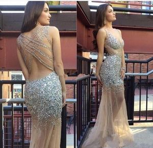 Fantastisk Silver Rhinestone Crystal pärlstav aftonklänningar lyxiga champagne se genom sexiga rygglösa promklänningar 2016 kvinnor pageant3498964
